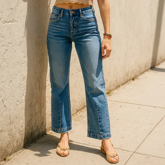 RISEN Barrel Jeans High-rise Boyfriend Vertical Seam Cropped Denim Distressed - Picture 4 of 16